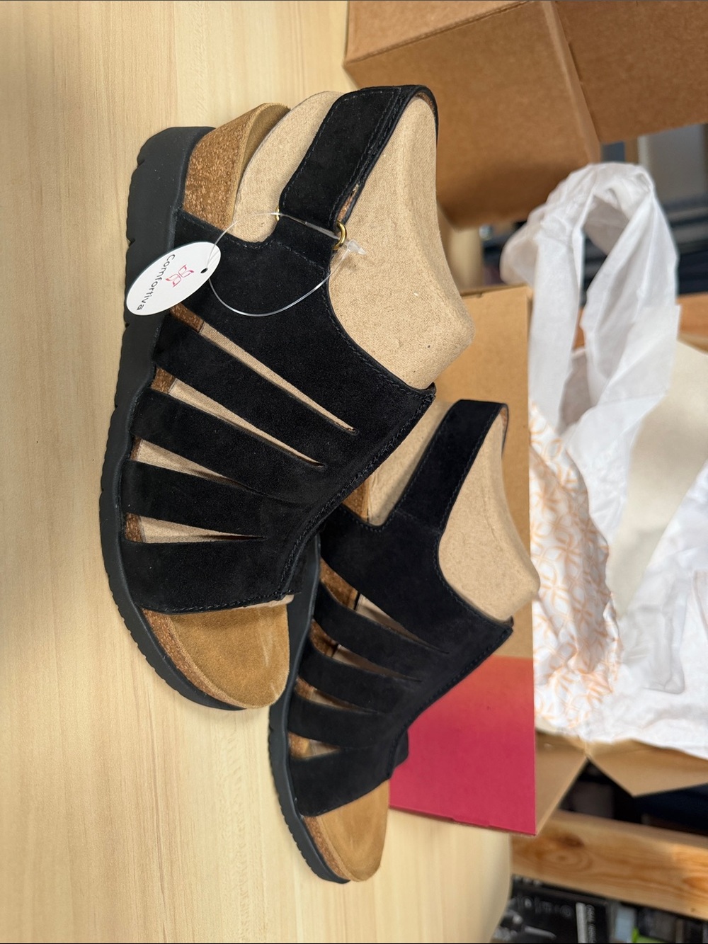 Comfortiva Black Suede Strappy Wedge Sandals with Tan Footbed